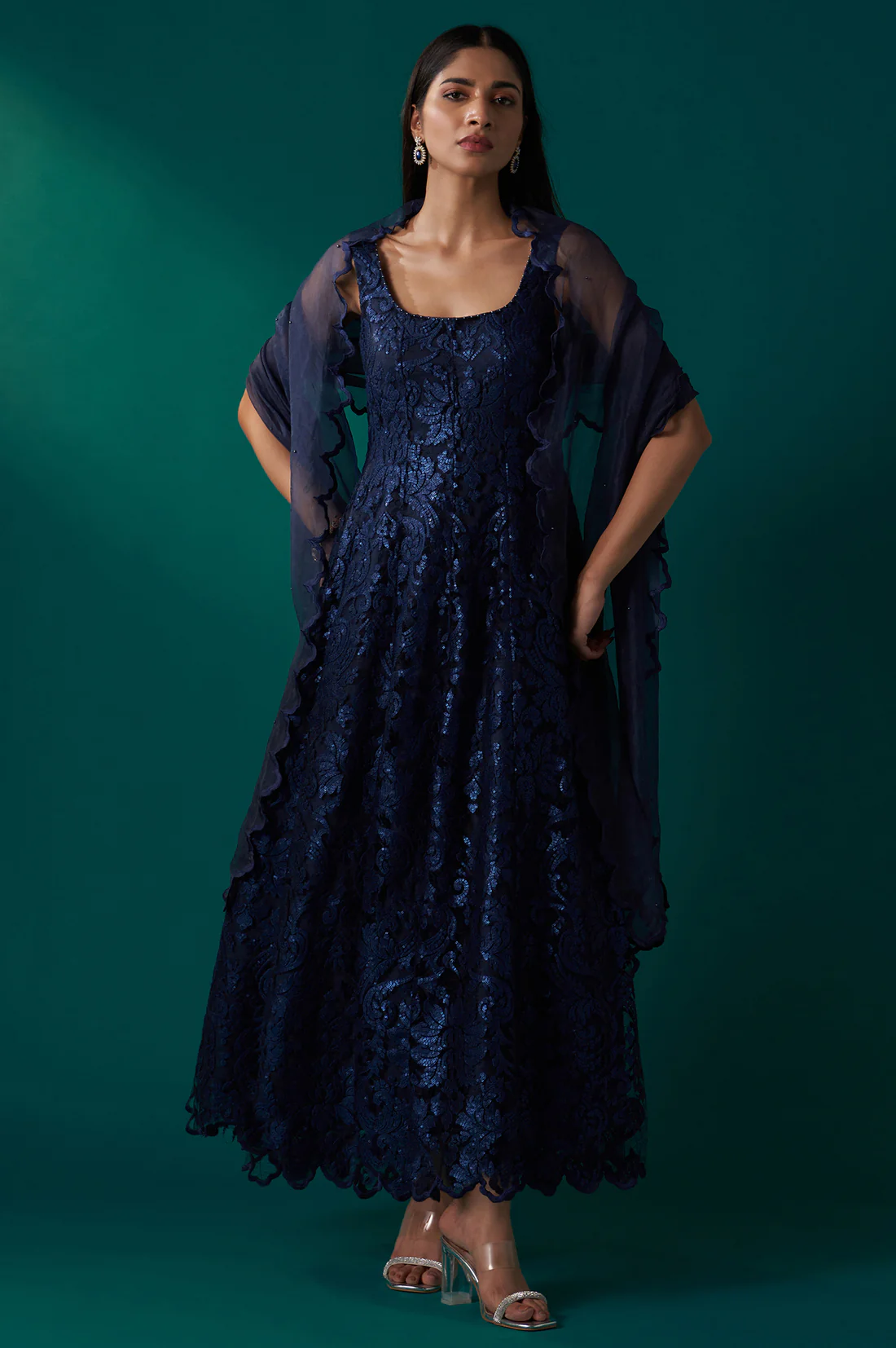 Navy Blue Sequin Embroidered Anarkali Dress
